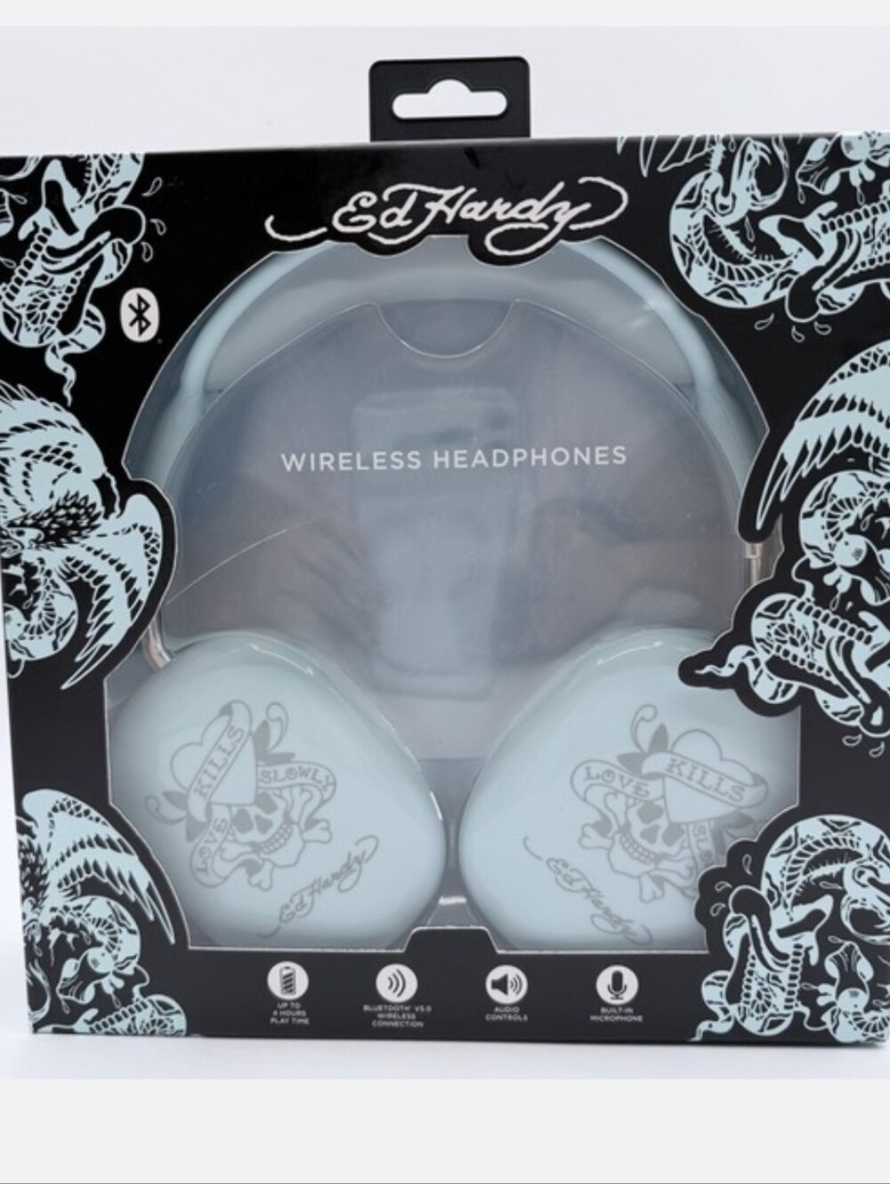 💙▪️Ed Hardy▪️ Blue  Wireless Bluetooth Headphones with Tattoo Skull Graphic